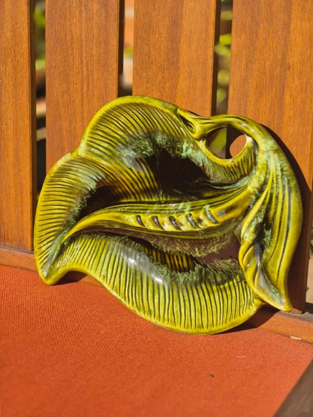 Vintage California Pottery USA Leaf Shape Green Ashtray Drip Glaze